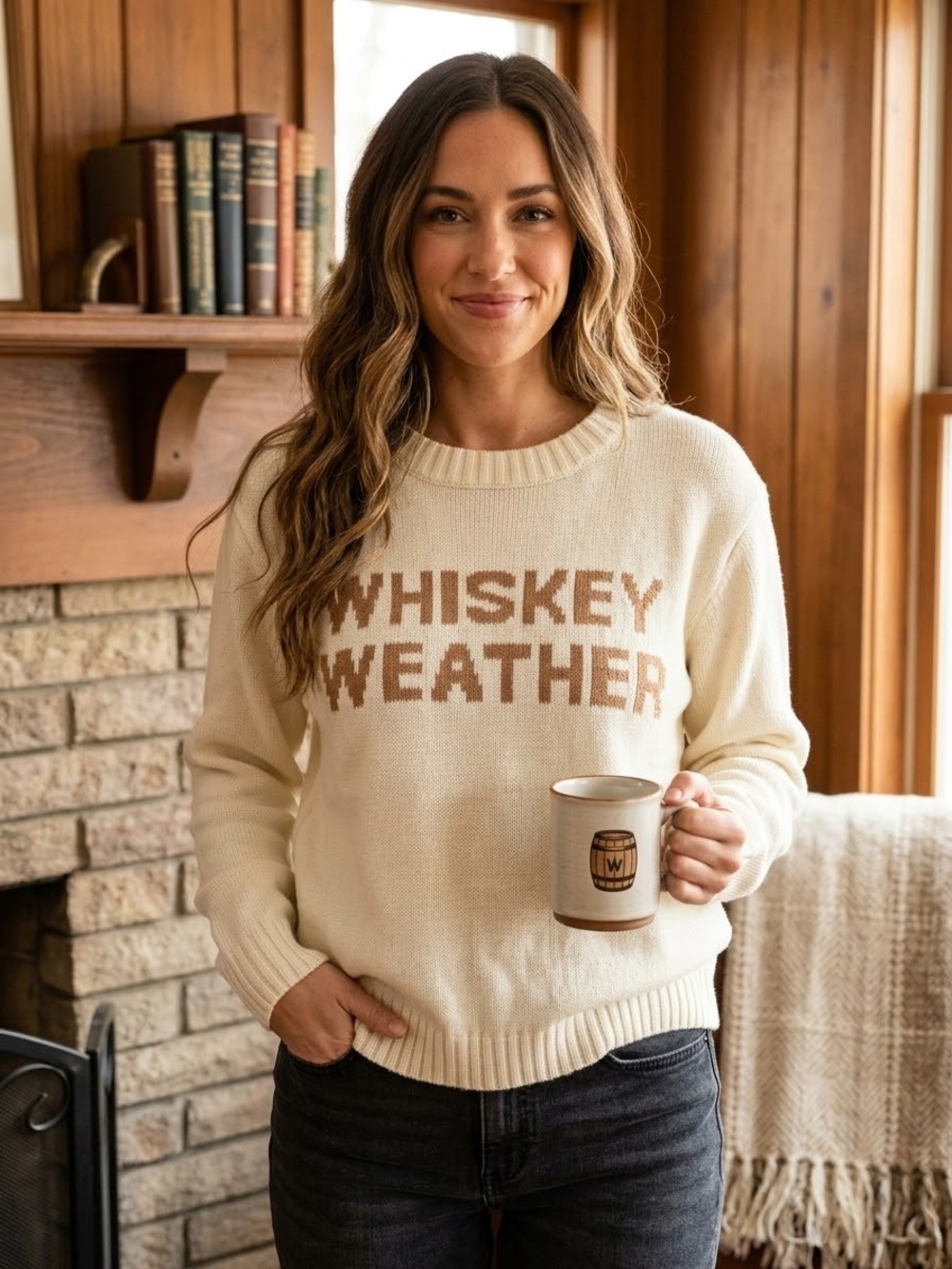 Panache Cream Crewneck Sweater with Brown 'Whiskey Weather' Logo